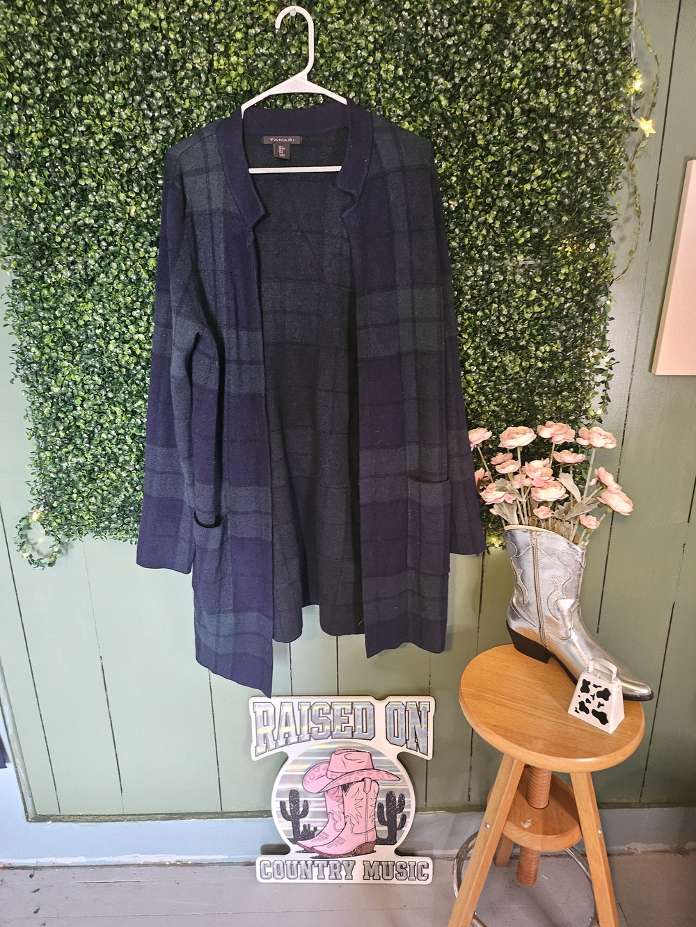 Tahari Navy and Forest Green Plaid Open-Front Jacket